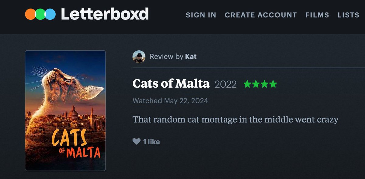 Since Cats of Malta started streaming on @Kanopy last month, the Letterboxd reviews have been flowing in. Here's yet another funny one! Oh, and btw, CoM is now on Kanopy in the US (aswell as UK, AU & NZ). #kanopy #catmovie #nowstreaming #catresue #CatsOnX