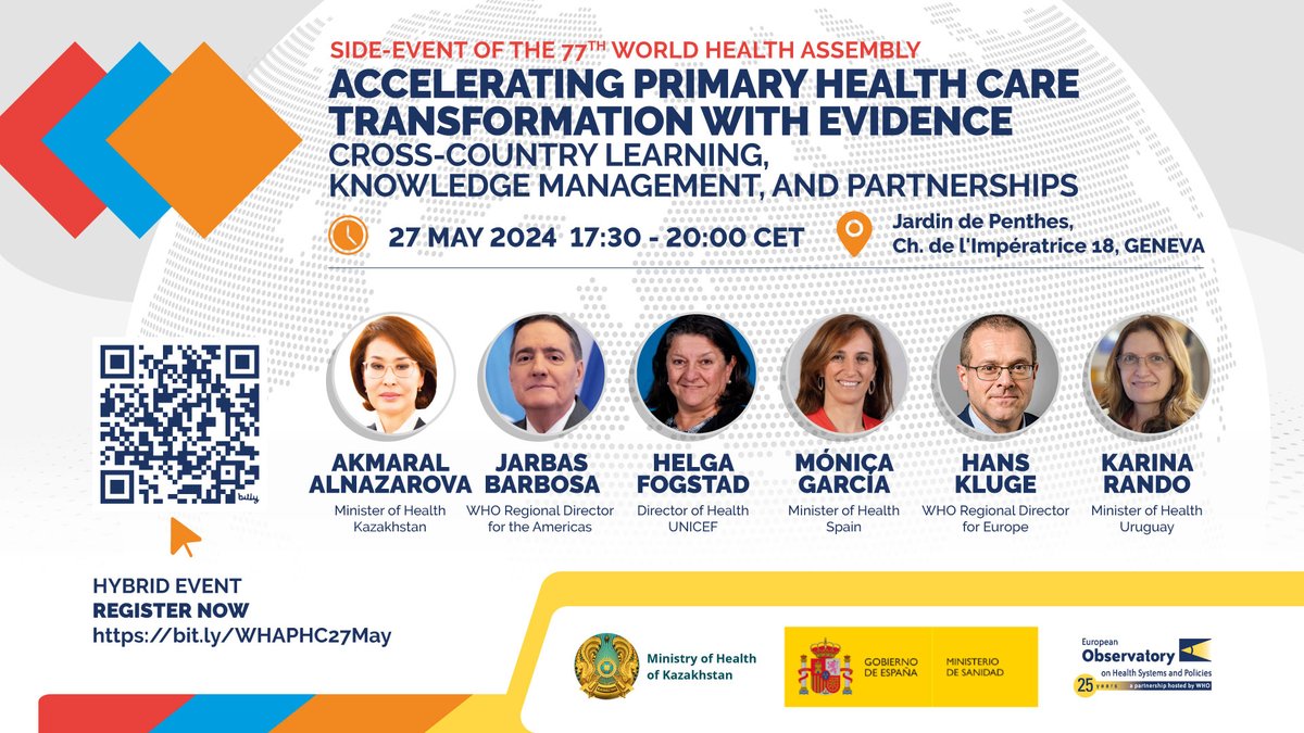 📢 #Primaryhealthcare transformation: register now to join the discussion at #WHA77 ⤵️ 📅 27 May, 17:30-20:00 (in person); 18:00-19:30 CET (online) 🌎🎧 English, live interpretation in Spanish & Russian 👉 forms.office.com/pages/response… Organised by @OBShealth @minhealthKZ @sanidadgob