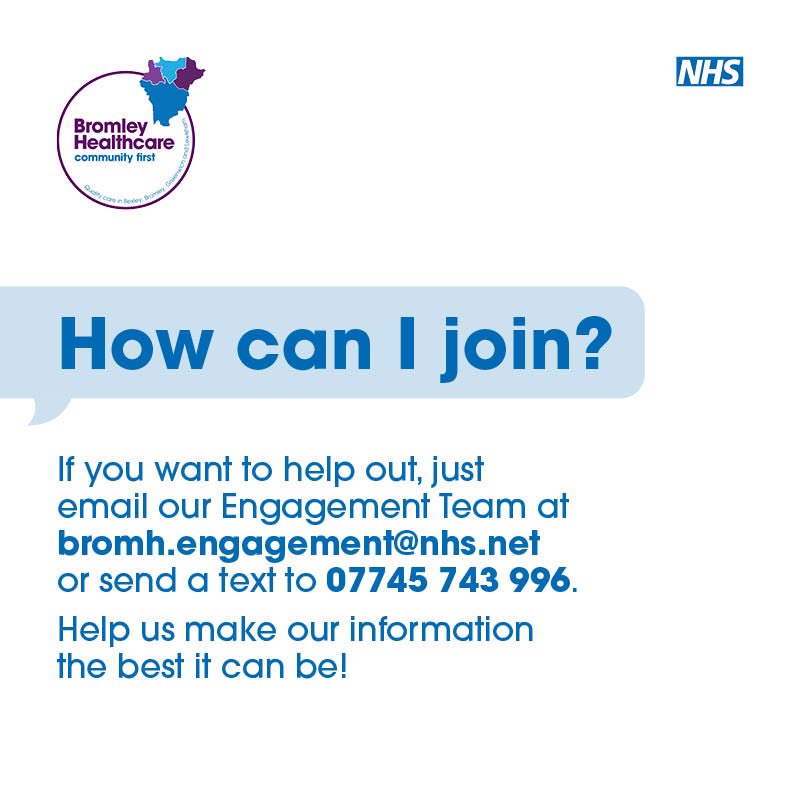 If you want to help out, just email our Engagement Team at bromh.engagement@nhs.net or send a text with your name and email address to 07745 743 996.
Help us make our information the best it can be!
 
#Volunteering #Accessibility #NHS

[2/2]