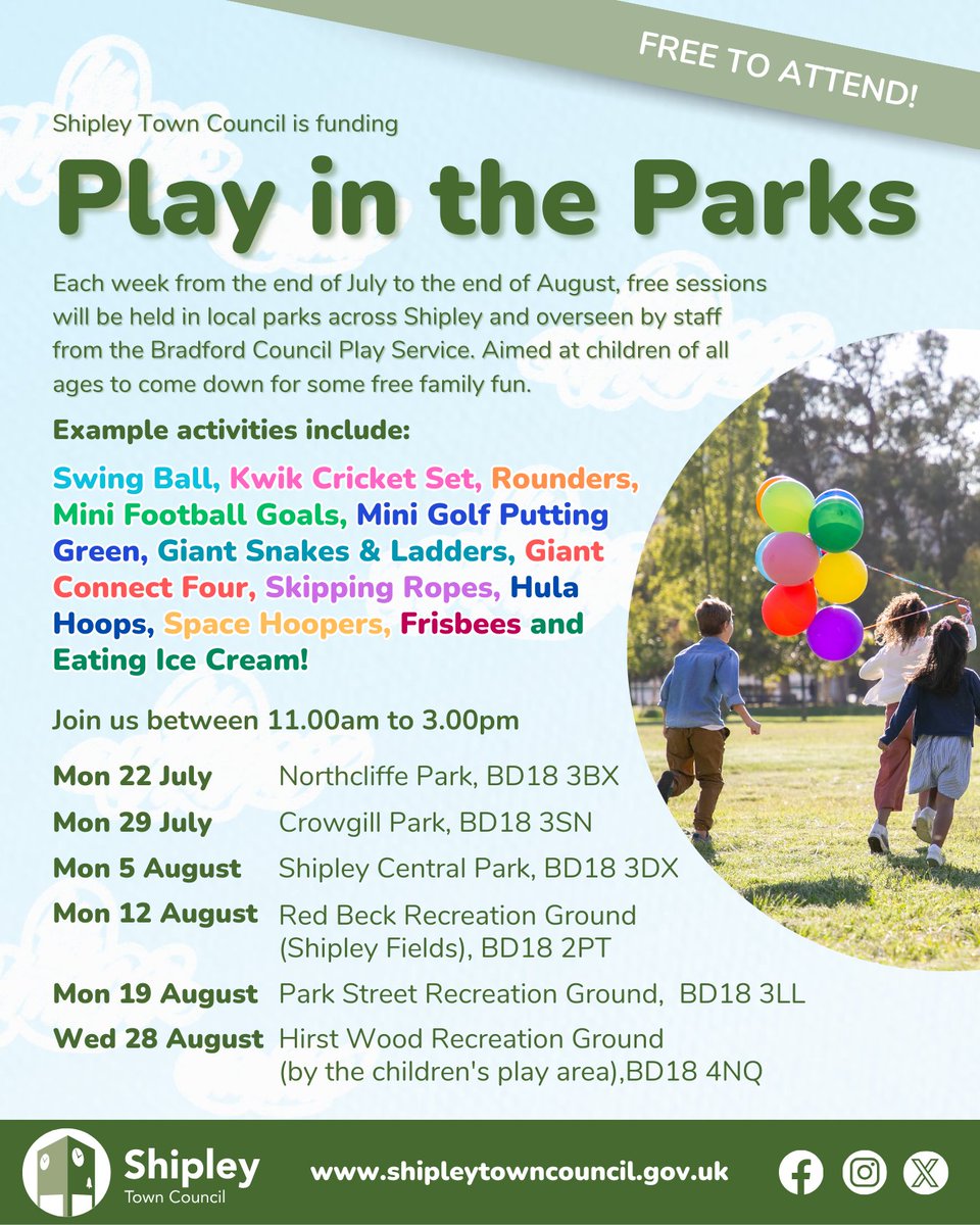Free Play in the Parks sessions are coming back during the summer holidays! ☀️
Come down every Monday (except for Bank Holiday Monday when the session moves to the Wednesday) for lots of fun activities for children to enjoy for free. No booking required.
#SummerFun #ShipleyParks