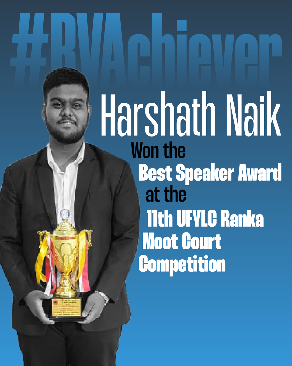 RvilsLaw's tweet photo. Harshath Naik from #RVILS won the Best Speaker Award at the 11th UFYLC Ranka Moot Court Competition organised by University Five Year Law College, Ranka, Jaipur. Congratulations on this great achievement, Harshat!

#RVEI #RVAchiever #GoChangeTheWorld https://t.co/BtpD6WNYDR
