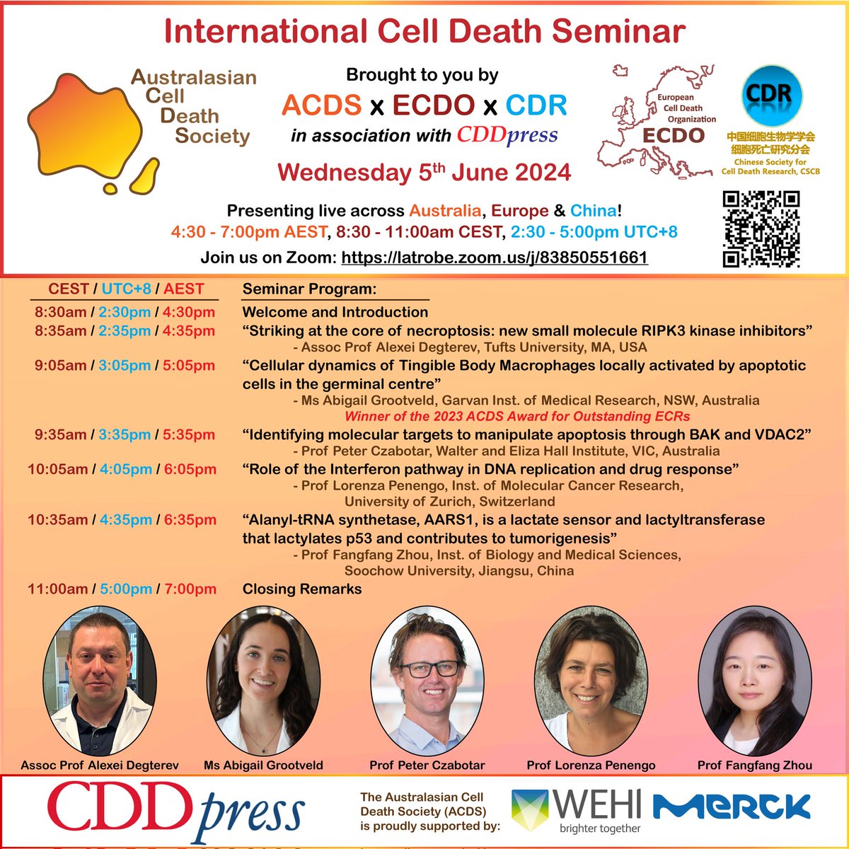 We're very pleased to announce that Prof Fangfang Zhou of Soochow University will be joining the stellar speaker line-up for our upcoming International Cell Death Seminar! 🤩 Final program & meeting details below, & please note later finish time - All welcome, see you there! 😊