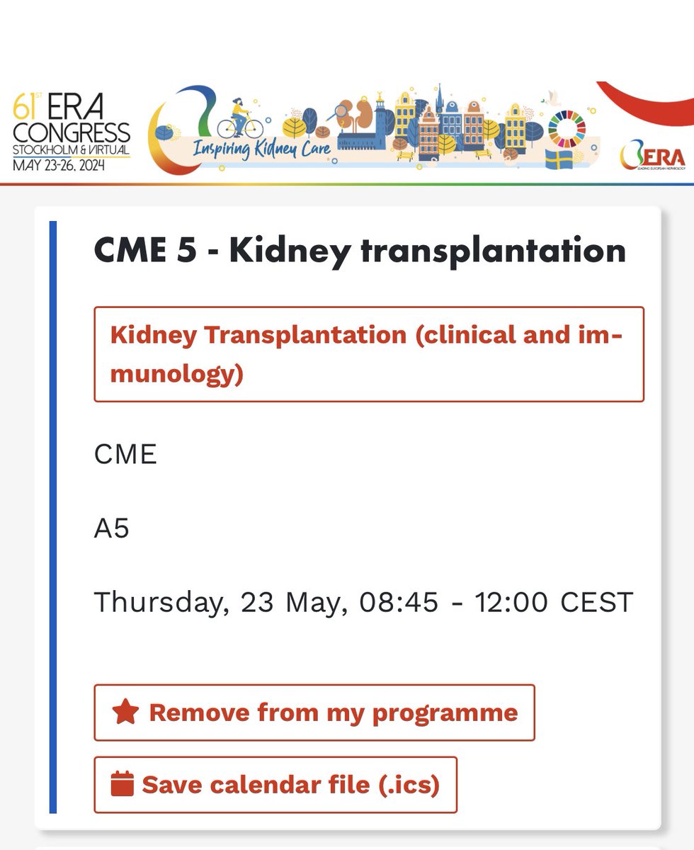 An excellent start to #ERA24: #CME looking at barriers to kidney Tx; ⬆️age, obesity, CVD, non-adherence, inequalities, glomerular disease and ⬆️sensitisation. Take home message - these patients have better outcomes with Tx versus dialysis so give them the SAME opportunities 🙏🏼