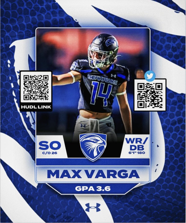 🚨🚨🚨Attention College Coaches <a href="/csn_football/">CSN Football</a> has multiple players for your evaluation
Name: <a href="/max_varga4/">Max Varga</a> 
Position: WR/DB
📚: 3.6 GPA
🎥: hudl.com/v/2NWugv
🐥: <a href="/max_varga4/">Max Varga</a> 
Contact: HC <a href="/CoachMStannard/">Coach Stannard</a>
