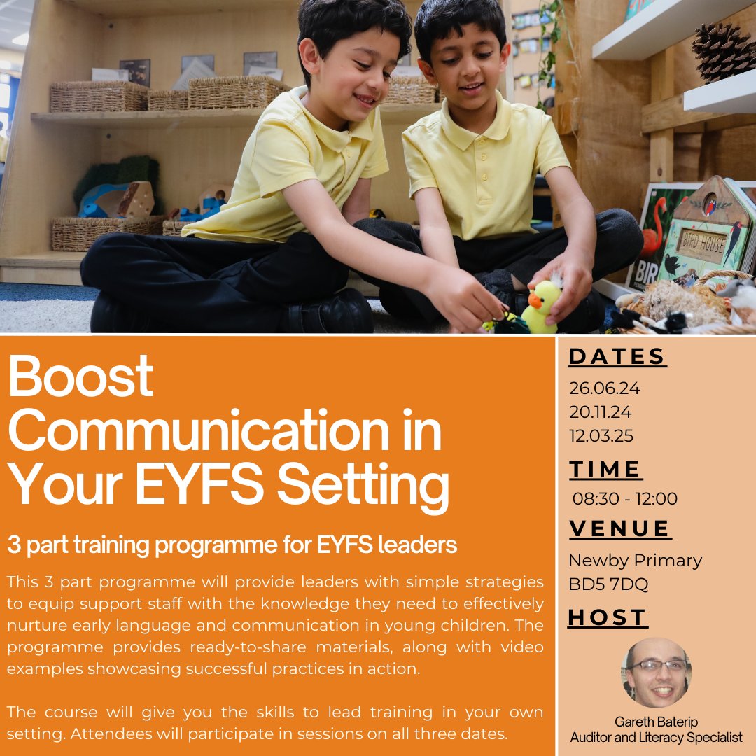 We are excited to announce the new FREE CPD offer for EYFS Leads from the Burley Woodhead English Hub. This three part practical programme is designed for EYFS Leads looking to enhance communication skills within their setting.
Register your interest: forms.gle/dZBQ46zUmJ4Nc7…