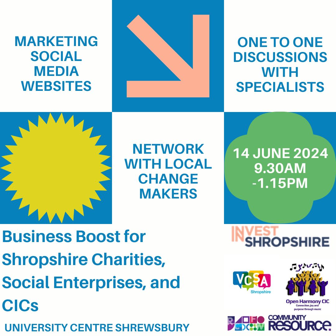 VCSVoice's tweet photo. 🤝 Connect with changemakers at the Business Boost event for Shropshire Charities, Social Enterprises and CICs. Learn from expertly tailored advice, and drive positive change together. This event is FREE but spaces are limited, book your place here https://t.co/nuNL55Kj0K https://t.co/nX6NRDf3i8