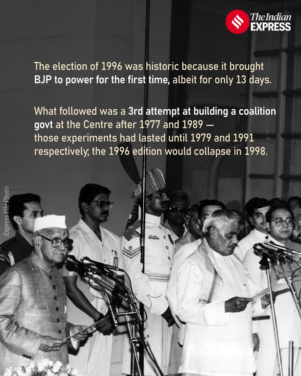 IndianExpress's tweet photo. After the BJP made history by emerging as the largest party in Lok Sabha, Atal Bihari Vajpayee became Prime Minister. 

But his government lasted only 13 days, and was followed by a coalition of 13 parties. (1/2)

Read: https://t.co/0IbKCi43Ib https://t.co/Wgg2jkqlzf