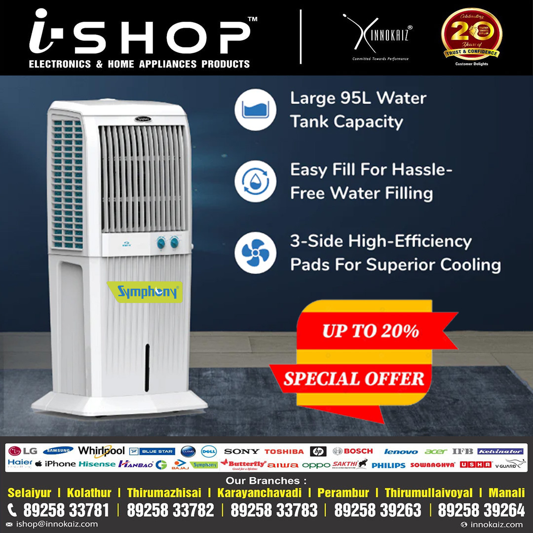 Stay cool and comfortable all summer long with our Symphony air cooler offer! Hurry, Limited Period Offer Only...!!! Easy EMI Offer Available at your nearest ISHOP Innokaiz For more details Contact us :- +91 89258 33781 / +91 89258 33783 @kaizensukumar @ishopinnokaiz @tndwwa