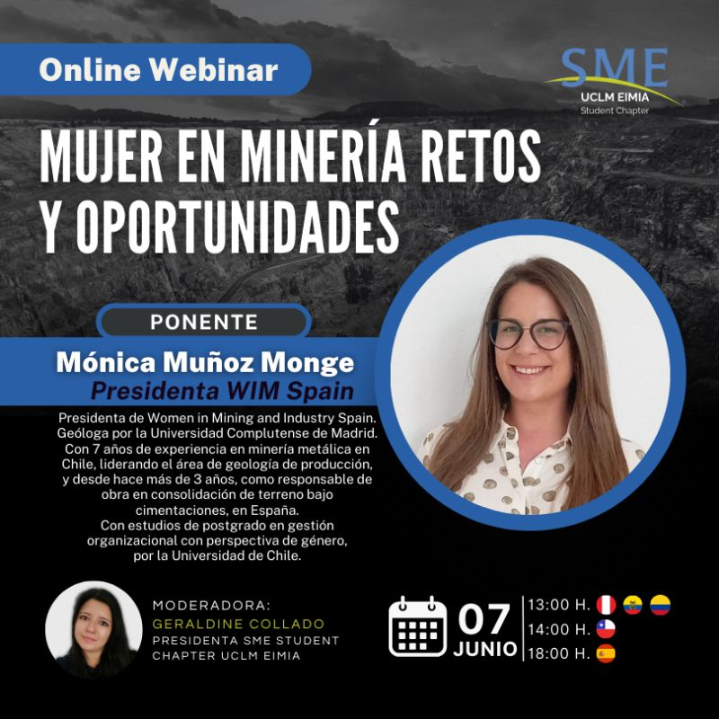 𝗠𝘂𝗷𝗲𝗿 𝗲𝗻 𝗠𝗶𝗻𝗲𝗿𝗶́𝗮: 𝗥𝗲𝘁𝗼𝘀 𝘆 𝗢𝗽𝗼𝗿𝘁𝘂𝗻𝗶𝗱𝗮𝗱𝗲𝘀

#comunidadsme

📌 Viernes 07 de junio
⏰ 18:00 (España) 
 🔗 𝐌𝐚́𝐬 𝐢𝐧𝐟𝐨𝐫𝐦𝐚𝐜𝐢𝐨́𝐧 𝐞 𝐢𝐧𝐬𝐜𝐫𝐢𝐩𝐜𝐢𝐨́𝐧: uclm.es/es/ciudad-real…

#SME #smeuclm #Minería #wimspain #WomenInMining