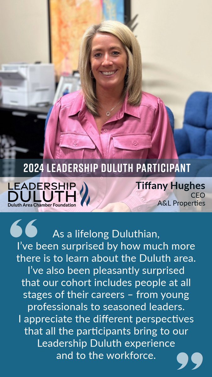 Tiffany, thank you for being part of the program this year, and for your support and leadership! Applications for the next Leadership Duluth class are being accepted through May 31. For more info and to apply, please visit DuluthChamber.com/LeadershipDulu….