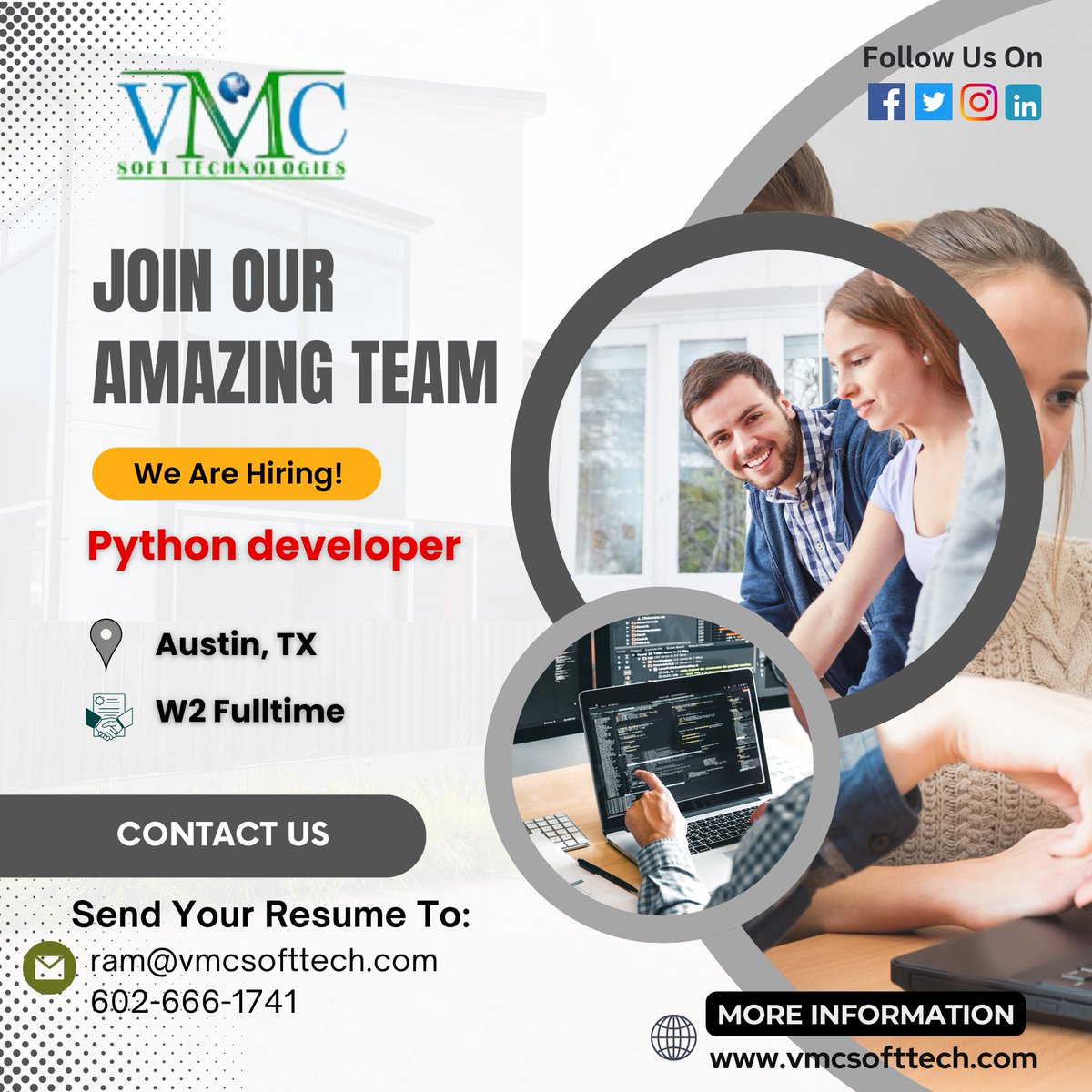VMC Soft Technologies is looking for PYTHON DEVELOPER in Austin,TX Title: PYTHON DEVELOPER Location: Austin,TX Contract: W2 Fulltime For more details: ram@vmcsofttech.com/ 602-666-1741 Apply Now At: vmcsofttech.com/careers/ #python #programming #coding #java #javascript