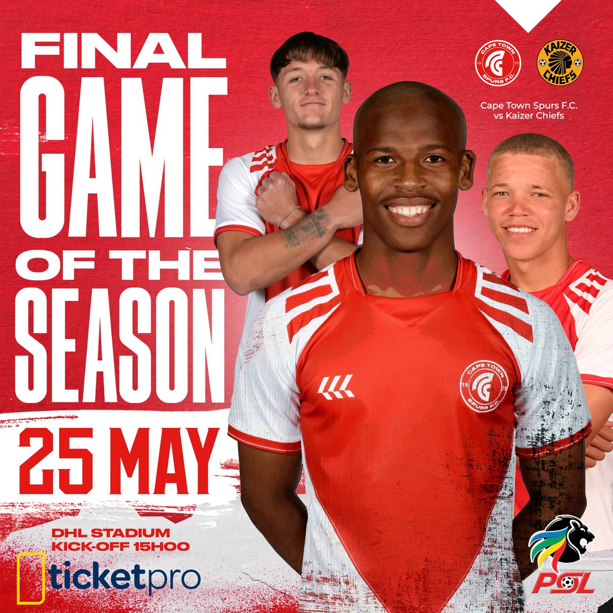 LIMITED TICKETS AVAILABLE! TICKETS SELLING OUT FAST… Final game of the season at the DHL Stadium! Kick-off 15h00! Cape Town Spurs vs Kaizer Chiefs Tickets available on Ticketpro 🎫 Link 🔗 ticketpros.co.za/portal/web/ind…