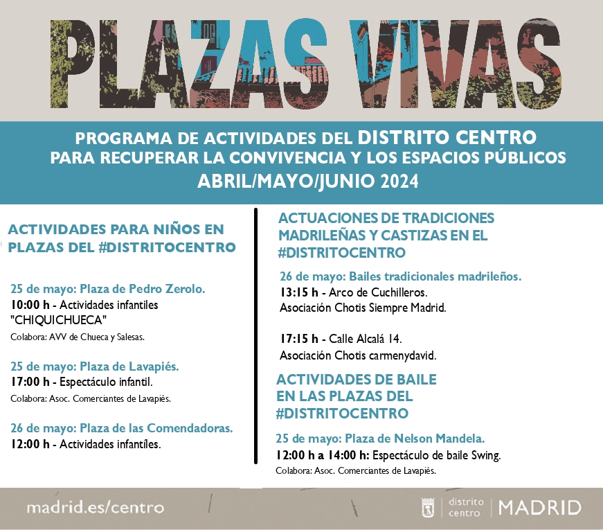 Este próximo fin de semana, disfruta de las diferentes actividades del programa Plazas Vivas. 🗓25 y 26 de mayo 🚩Plazas Pedro Zerolo, Lavapiés, Comendadoras, Nelson Mandela, Arco de Cuchilleros y calle de Alcalá 14 Programa👉informate.madrid.es/g1g7d