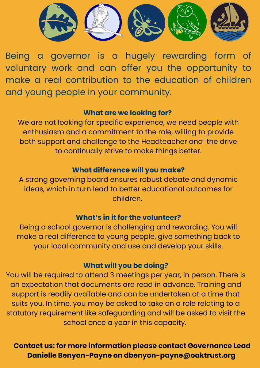 We have opportunities for enthusiastic individuals to serve as Local Governors at our schools. Make a difference in a child's education today. For more details and to apply, please contact dbenyon-payne@oaktrust.org. Let's shape the future together! #SchoolGovernor #JoinOurTeam
