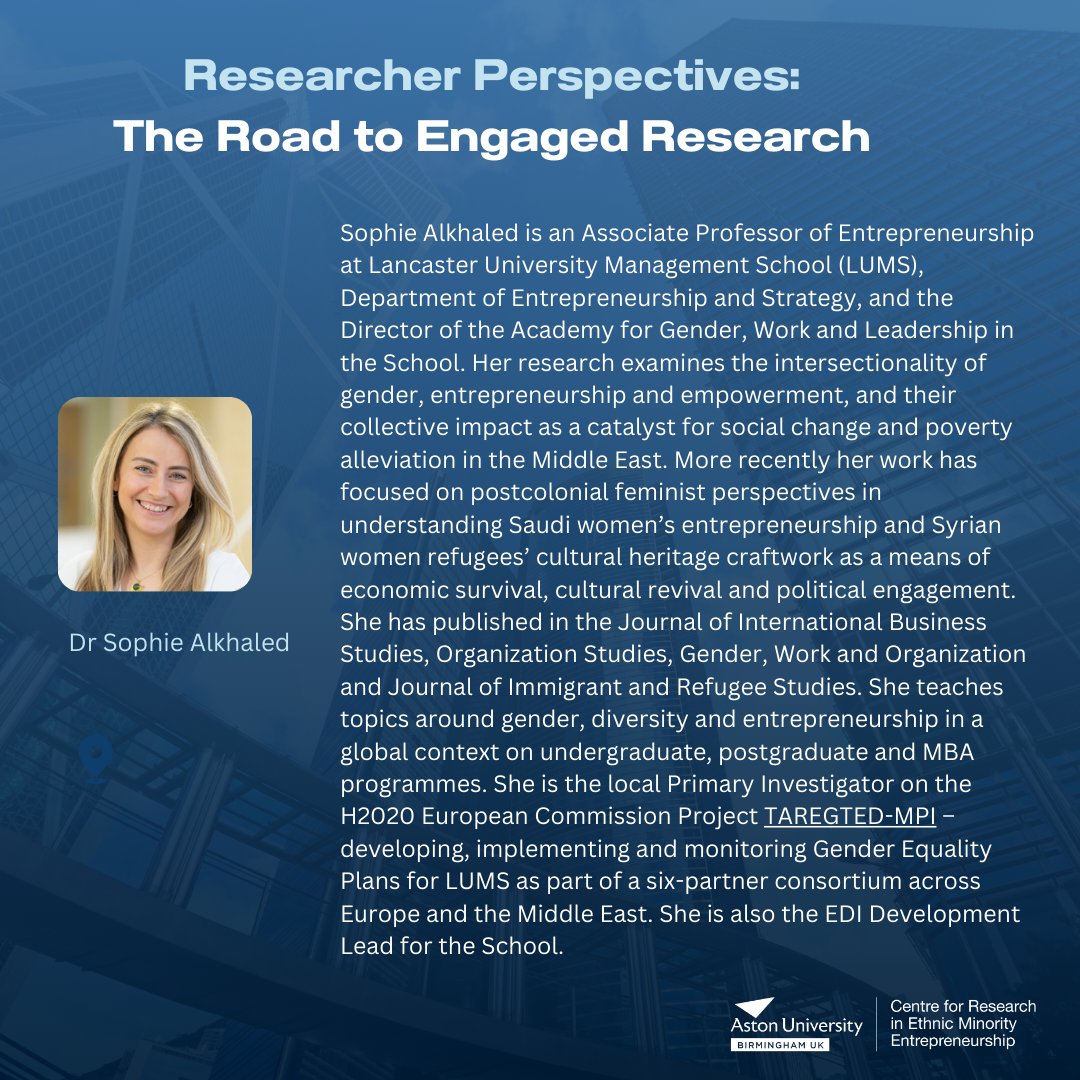 📢 Exciting news! Join us on 7th June for "Researchers' Perspective: The Road to Engaged Scholarship" with Dr. Sophie Alkhaled, <a href="/SAlkhaledS/">Sophie Alkhaled</a>  from <a href="/LancasterUni/">Lancaster University</a> ! 🎉

Dr. Alkhaled teaches topics around: 

⭐Gender 
⭐ Diversity 
⭐ Entrepreneurship
📲forms.office.com/e/mAS2E88tnE