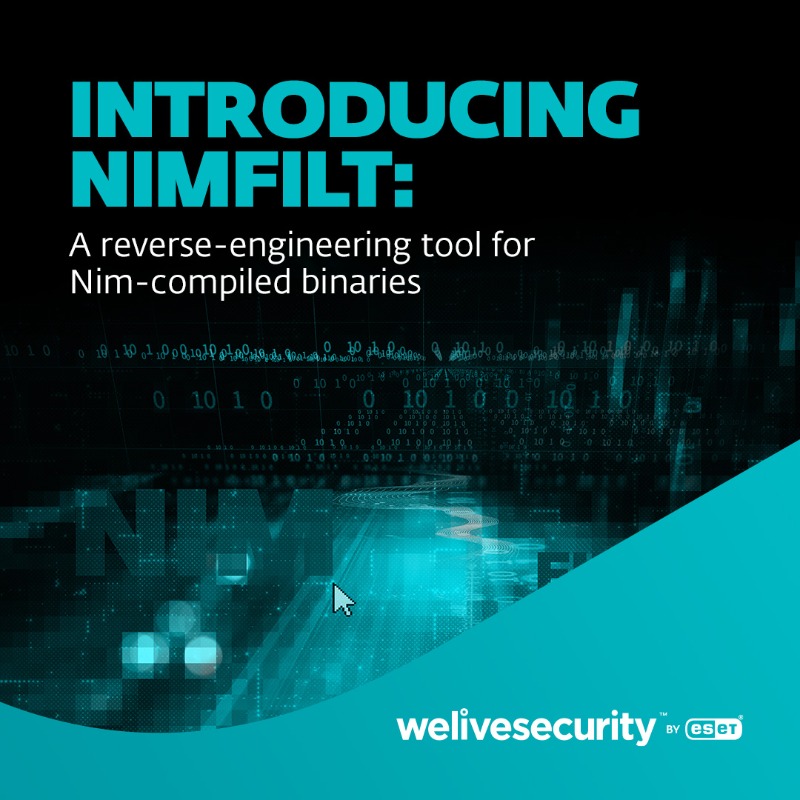 ESET's tweet photo. @ESETresearch introducing Nimfilt: The Power Tool for Reverse Engineering Nim Binaries! 
Learn about the practical examples to help jump-start your journey into analyzing Nim-compiled binaries. 
Stay vigilant and integrate #Nimfilt into development and security toolkit today!