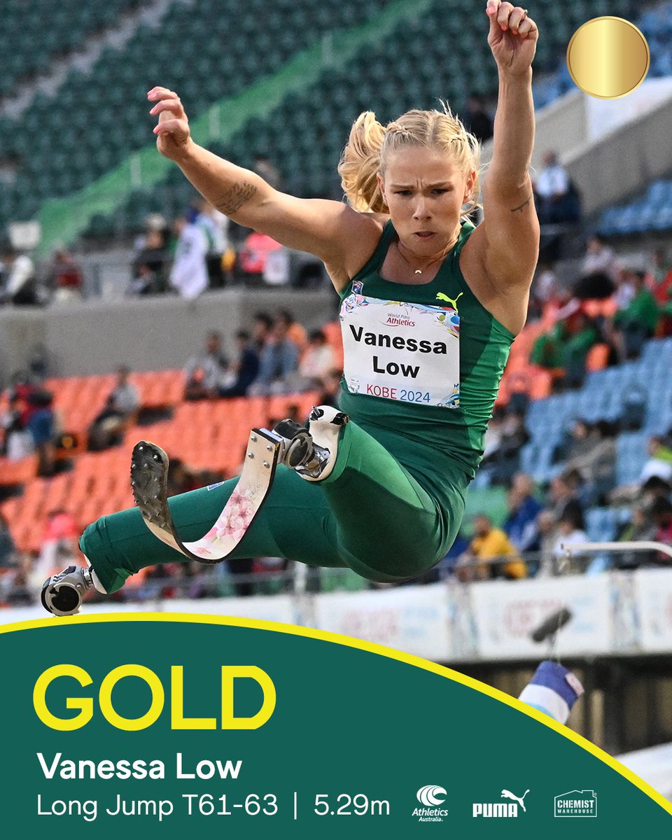 ON TOP OF THE WORLD! 🥇🥳

Vanessa Low flies to the top of the podium in the Long Jump T61-63 to claim the crown once again with a spectacular 5.29m (-0.1) leap at the World Para Athletics Championships in Kobe.

#ThisIsAthletics <a href="/AUSParalympics/">AUS Paralympic Team</a>