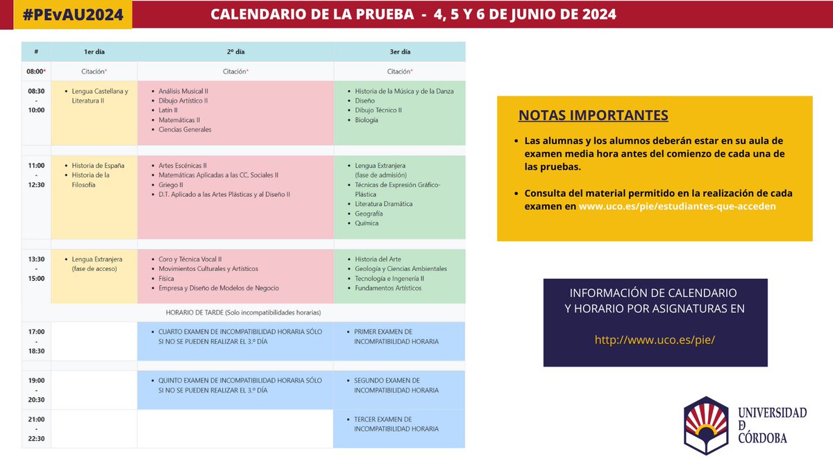 ¡Ya falta menos para que comience en #Andalucía la #PEvAU2024! Este es el calendario de los exámenes y la distribución de las sedes cuya convocatoria ordinaria será los días 4, 5 y 6 de junio. + info: uco.es/pie/estudiante…