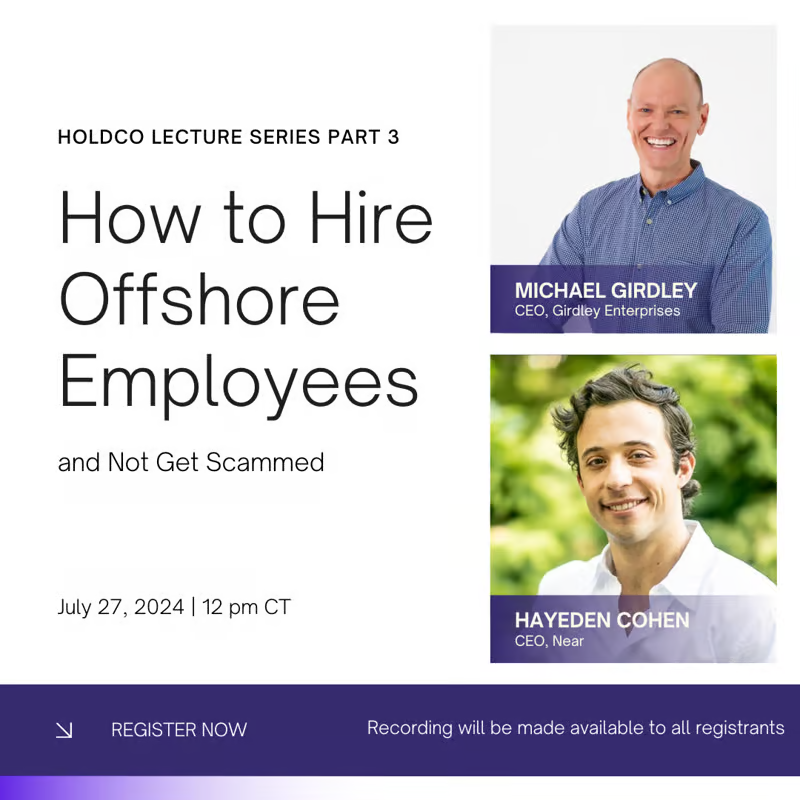 Our next online lecture is on:

How to do offshore/nearshore hiring.

I've made dozens of hires globally. Many have gone well but I have also screwed it up royally. And I've gotten scammed, which is too common. That can be avoided!

<a href="/haydenjcohen/">Hayden Cohen</a> and I will share the