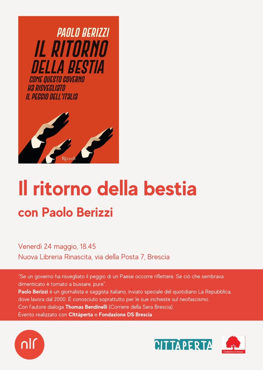 Il giro de #ilritornodellabestia continua. Stasera #Genova in @Feltrinelli_ con Maurizio Carucci @exotago e @matteomacor e domani #Brescia Nuova Libreria Rinascita con @bendinellit , nel 50° anniversario della strage neofascista di Piazza della Loggia.

Non mancate! 👇 #BookTour