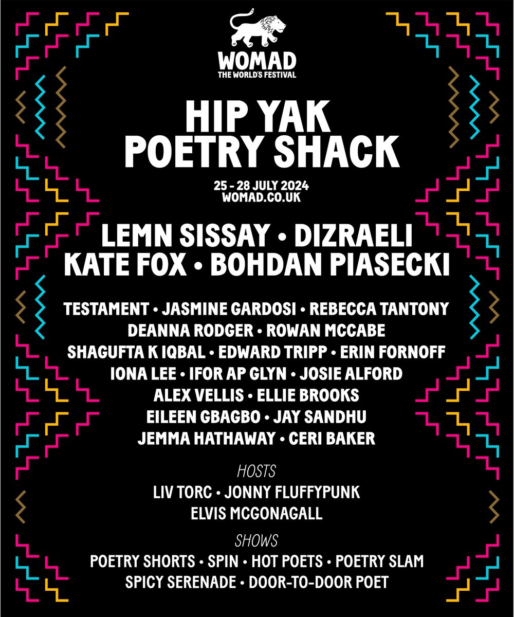 The Hip Yak Poetry Shack lineup has landed! 🤩 The fabulous interactive, comedy-poetry cabaret is back!! #WOMAD2024 @lemnsissay @katefoxwriter @mcdizraeli @LivTorc @ElvisMcGonagall @testamentonline @RebeccaTantony @JasmineGardosi