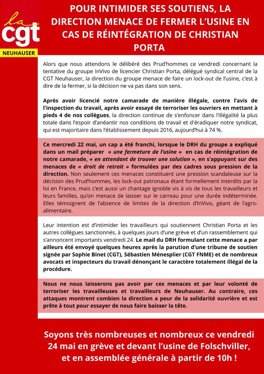 ✊Je renouvelle mon soutien à @portac57, combatif militant de la @CgtInvivo, en butte à une honteuse répression antisyndicale. Faisons bloc autour de lui, comme autour de chaque militant.e poursuivi.e pour son engagement en défense des salarié.es. Soutien aussi à