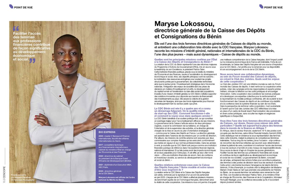 cdcdubenin's tweet photo. Lisez l'intégralité de l'interview de Madame @MaryseLokossou parue dans le magazine #CDscope du @caissedesdepots .
Dans cet article, la Directrice Générale de la @cdcdubenin revient sur les missions d'intérêt général, nationales et internationales de la Caisse. https://t.co/ZBZtN8yIRG