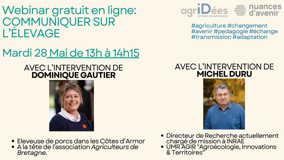 🐄🐷👩🏻‍🌾👨‍🌾« Comment communiquer sur l’élevage? »

💡Nous en parlerons le 28 mai à 13 avec Dominique Gautier, agricultrice et présidente de <a href="/agriculteursBzh/">AgriculteursBretagne</a> et Michel Duru, Directeur de recherche <a href="/INRAE_France/">INRAE</a> 

#webinaire #communication 

➡️agridees.com/evenement/comm…