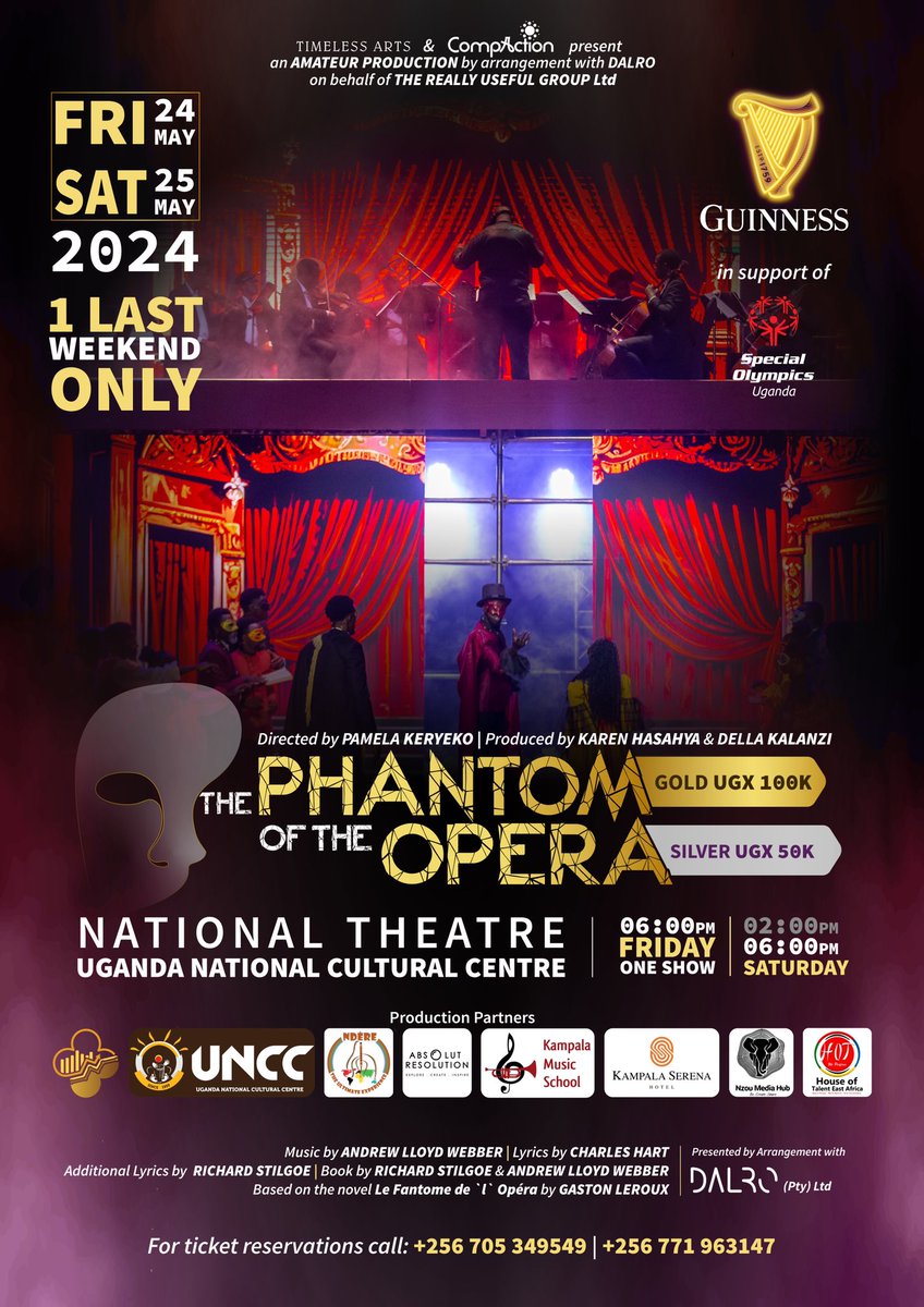 Last Weekend Spectacle! Experience the final shows of The Phantom of the Opera at the National Theatre this weekend. 
Special thanks to our production partners: <a href="/UNCC_UG/">Uganda National Cultural Centre</a> <a href="/NdereCentreUg/">Ndere Cultural Centre</a> <a href="/AbsolutResolut1/">AbsolutResolution</a> <a href="/KampalaMusicScl/">Kampala Music School</a> <a href="/kampalaserena/">kampalaserenahotel</a> <a href="/NzouMedia/">Nzou Media Hub</a> and <a href="/HouseOfTalentEA/">House Of Talent Cultural Performers</a>