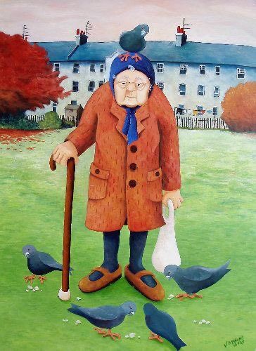 Vicky Mount Always new pieces to see by this prolific artist She tackles every subject from ‘nostalgia’ to ‘now’ Her old folk are painted with a clever eye The dog isn’t happy …