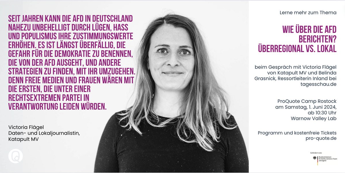 Jetzt anmelden fürs  #ProQuoteCampROSTOCK!  

Dabei: #VictoriaFlägel, Daten- &amp; Lokaljournalistin bei @Katapultmagazin &amp; #BelindaGrasnick, Ressortleiterin Inland <a href="/tagesschau/">tagesschau</a>.de
👉🏼Gespräch: Wie über die AfD berichten? Überregional vs. Lokal 
Eintritt frei: pro-quote.de