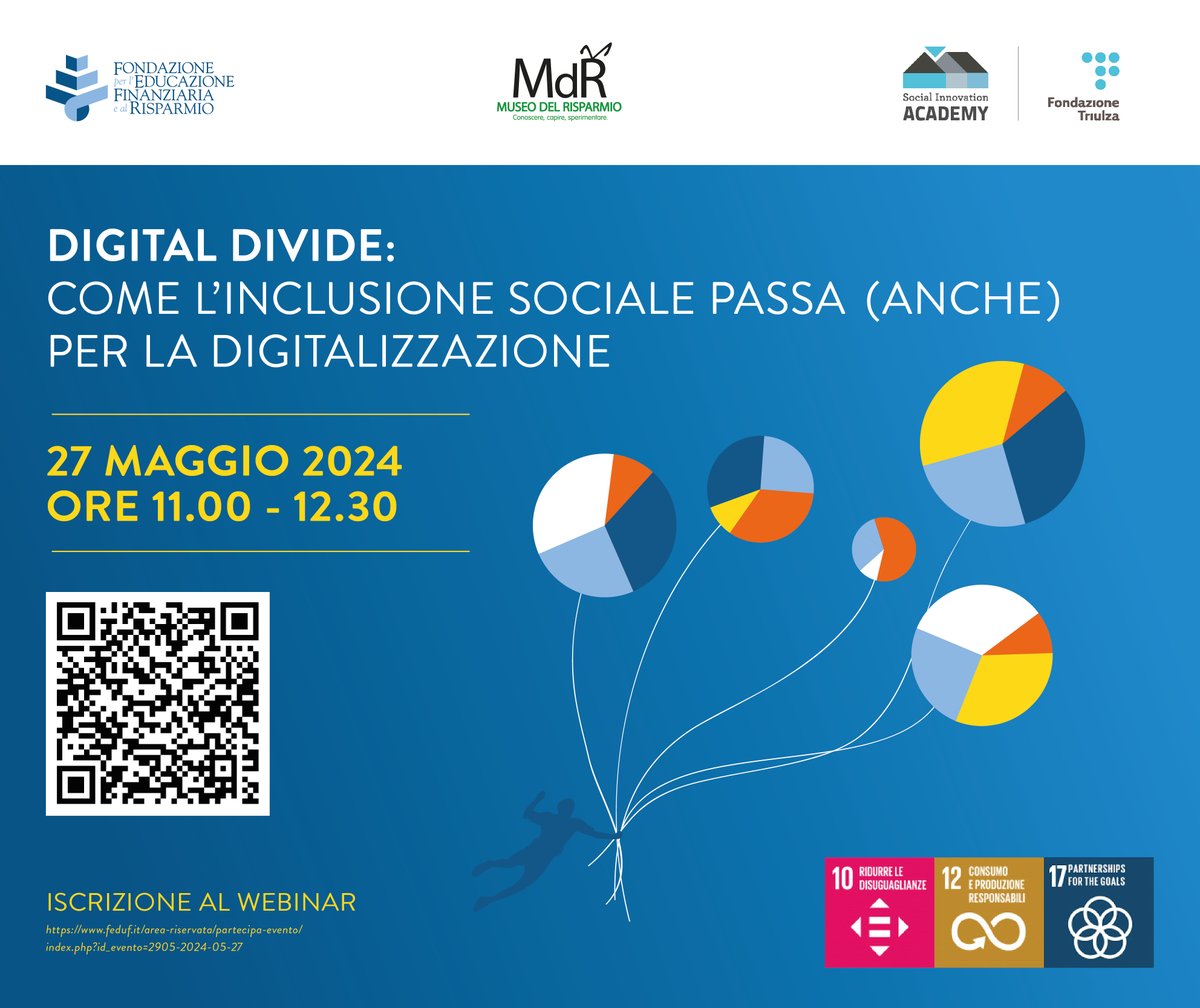 "Digital Divide: come l'inclusione sociale passa (anche) per la digitalizzazione". Online lunedì 27 maggio dalle 11:00 alle 12:30, nell'ambito del Tavolo Permanente per l’Educazione Finanziaria e l’Inclusione Sociale. Iscrizione: bit.ly/4axjT8I