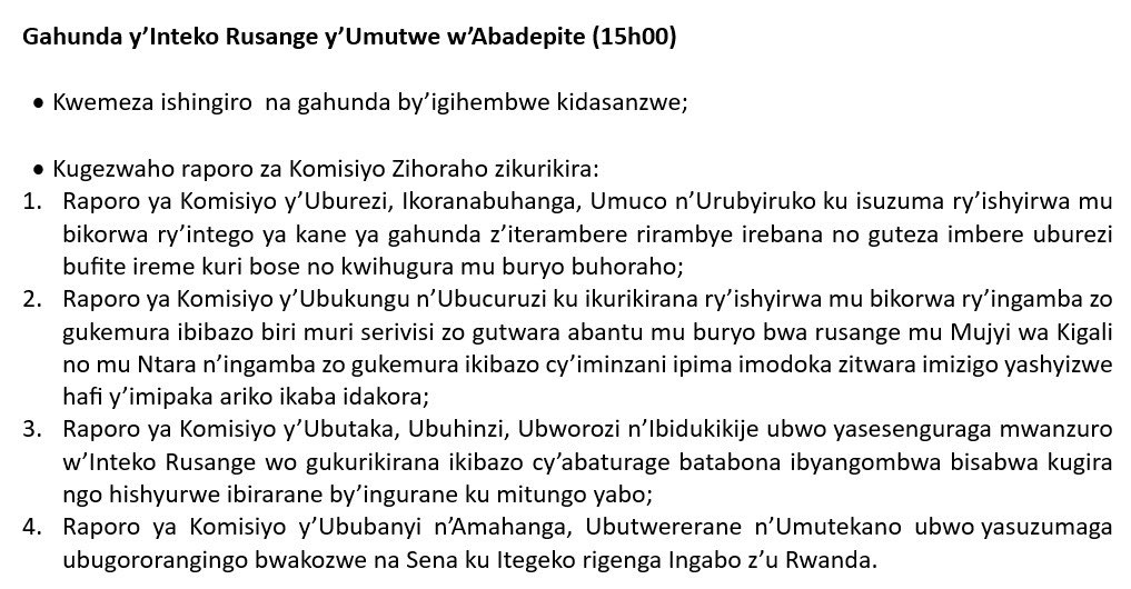 Inteko Rusange y’Umutwe w’Abadepite iratangira igihembwe kidasanzwe aho uyu munsi isuzuma raporo zinyuranye za Komisiyo Zihoraho. 📻listen.rba.co.rw/radios/radioin… 🕒 15h00
