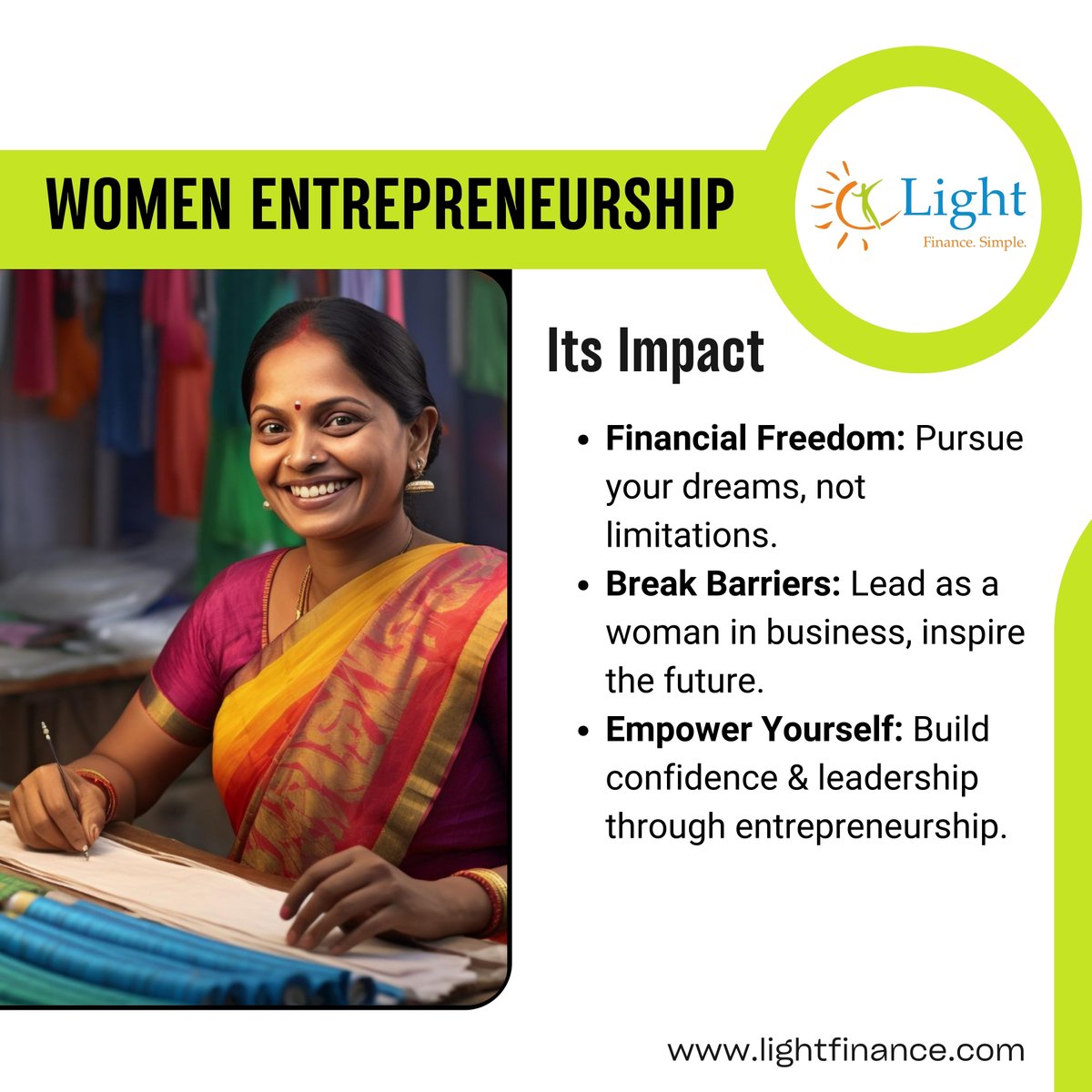 Chase dreams, not limitations. When a woman breaks barriers and leads a business, she empowers not only herself, but also her family and community. #womenetrepreneur #microfinance #smallbusinesstips #wearelight #ruralentrepreneurship