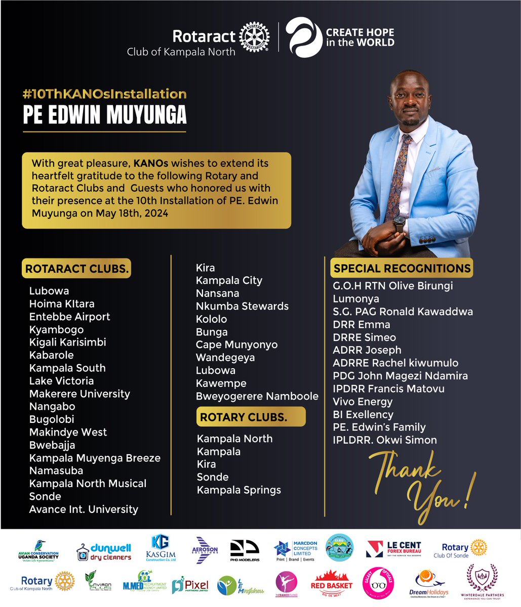 We extend our heartfelt gratitude to all Rotarians, Rotaractors, distinguished guests, dear family and friends who honored us by accepting our invitation to the momentous #10ThKANOsInstallation of our PE. @EdwinMuyunga
 Thank you for your love, and support.