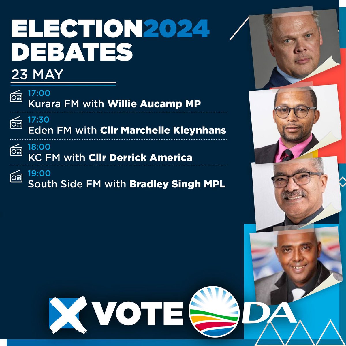 📻 Tune in to these radio stations for live Election 2024 debates with our leaders! In this election, the choice is clear. You can vote DA, a party that governs effectively. Or, for a coalition of corruption led by the ANC with the EFF and MK. Don't miss out! #RescueSA #VoteDA