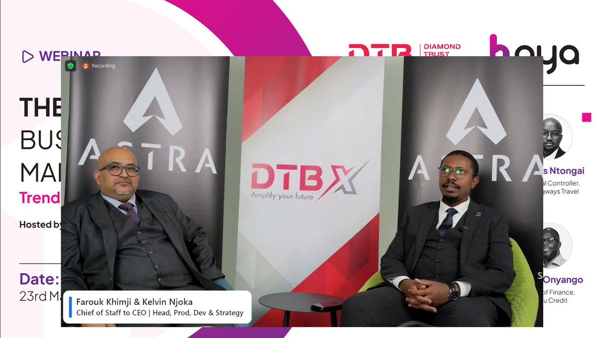 DTBX_'s tweet photo. In today's business world, smarter expense management is the key to financial control." - Farouk Khimji, and Kelvin Njoka, leading figures in Kenyan #finance, are sharing key insights on the future of #expensemanagement in @Boya_Inc 's live webinar happening right now!

Click here to join the webinar:
https://t.co/HesTQ0L737

Dive deep as they unpack:
- The power of #strategicpartnerships to revolutionize expense management.
- How to navigate card #regulations with confidence.
- The benefits of real-time expense tracking and enhanced security for your business.
- How DTB's future-proof #innovations strengthen Boya's offerings.

#DTB #DTBX #Boya #ExpenseManagement