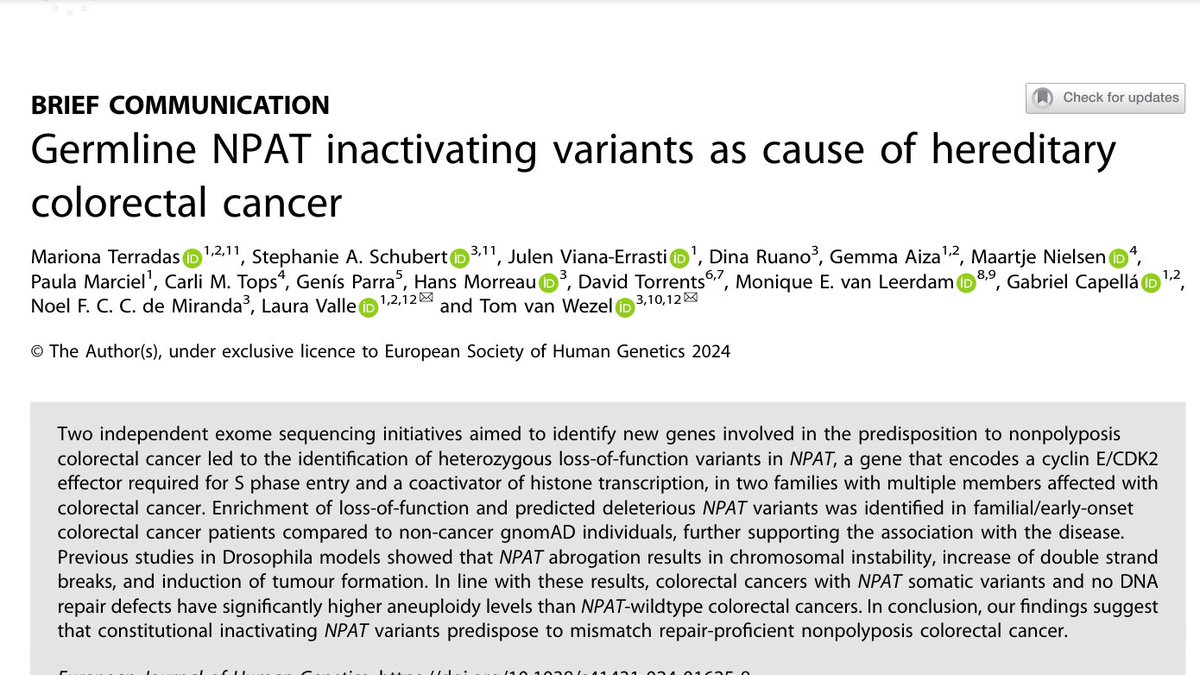 Check out our new article in collab. with Tom van Wezel's group. >Evidence linking germline NPAT mutations with colorectal cancer predisposition >NPAT deficiency might lead to high chromosomal instability in tumors @idibell_cat, @LUMC_Leiden @ejhg_journal rdcu.be/dIMv7