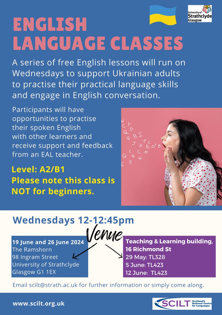 Our final block of EAL classes for Ukrainian adults starts next Wednesday, 29th May. Look forward to seeing you there! (Please note some changes of location). @AUGBGlasgow @scottishcilt
