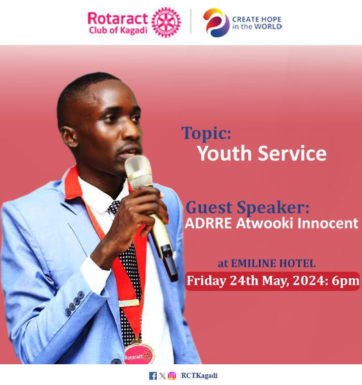 Namaste my people 💃🏼💃🏼💃🏼💃🏼💃🏼💃🏼💃🏼💃🏼💃🏼💃🏼💃🏼Youth service is one of the Rotary’s official avenues of service . It involves different programs which will be unveiled tomorrow.Please join us for fellowship as we listen to our ADRRE Atwooki Innocent speaking English about Youth Service.