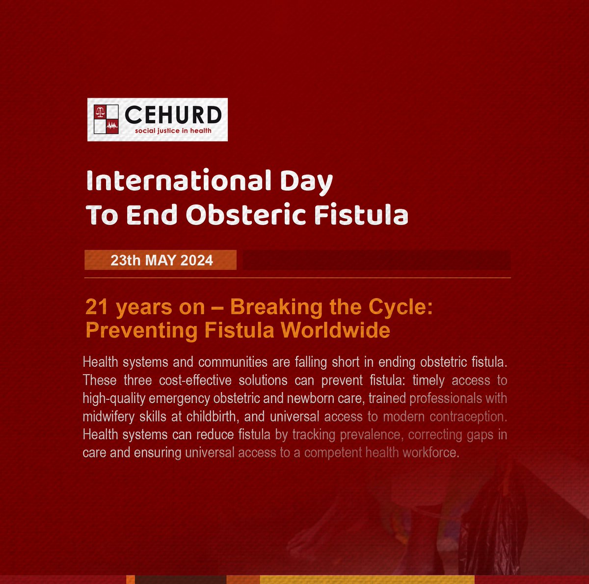 Today, we unite with the world to commemorate the International Day to End Obstetric Fistula. No woman should suffer from a preventable condition like fistula. In Uganda, we have over 140,000 to 200,000 women and girls living with fistula, with over 1,900 new cases reported each