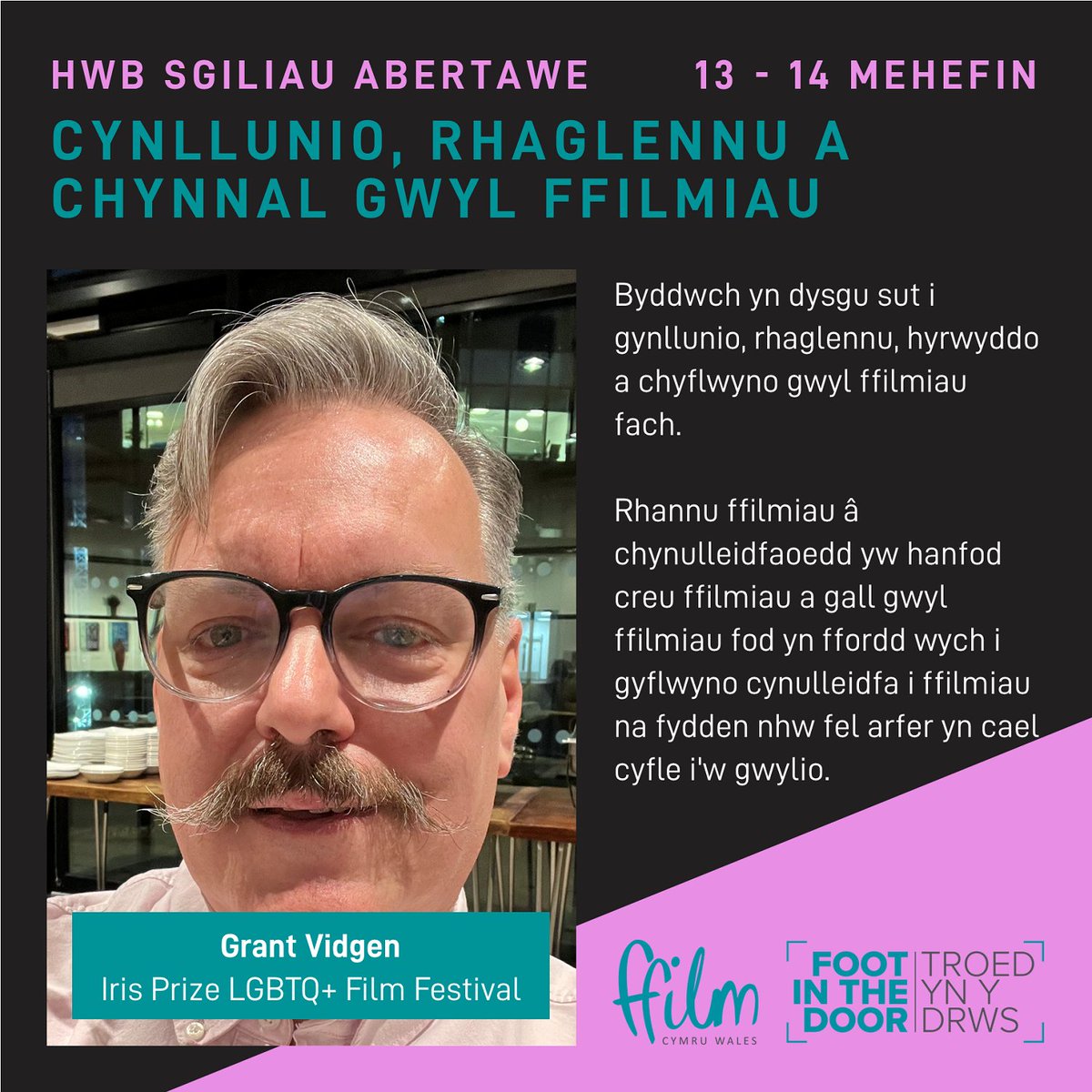 Troed Yn Y Drws: Hwb Sgiliau Abertawe Cynllunio, Rhaglennu a Chynnal Gwyl Ffilmiau gan Grant Vidgen, @irisprize. Byddwch yn dysgu sut i gynllunio, rhaglennu, hyrwyddo a chyflwyno gwyl ffilmiau fach. Archebwch yma: footinthedoorwales.com/event-details/…