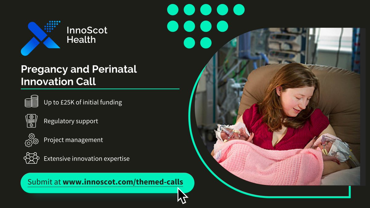The package of support for our Pregnancy and Perinatal Innovation Call supporting NHS Scotland includes up to £25,000 of initial funding, regulatory support, project management and the innovation expertise of InnoScot Health. Submit your idea now 👉 innoscot.com/pregnancy-peri…
