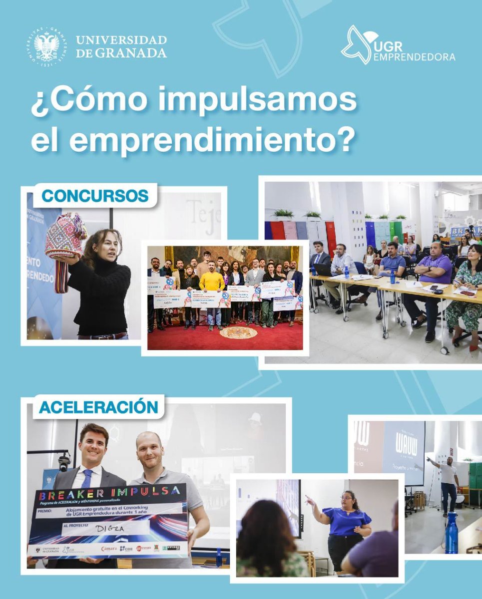 ‼️Hoy te recordamos dos recursos con los que te ayudamos a #emprender: 1️⃣ Concursos 2️⃣ #Aceleracióndestartups 👉 Tenemos programas para toda la comunidad universitaria de @CanalUGR . 👉 Si tienes una #ideadenegocio, te esperamos en #Breaker.  #ugremprendedora @InnovaUGR