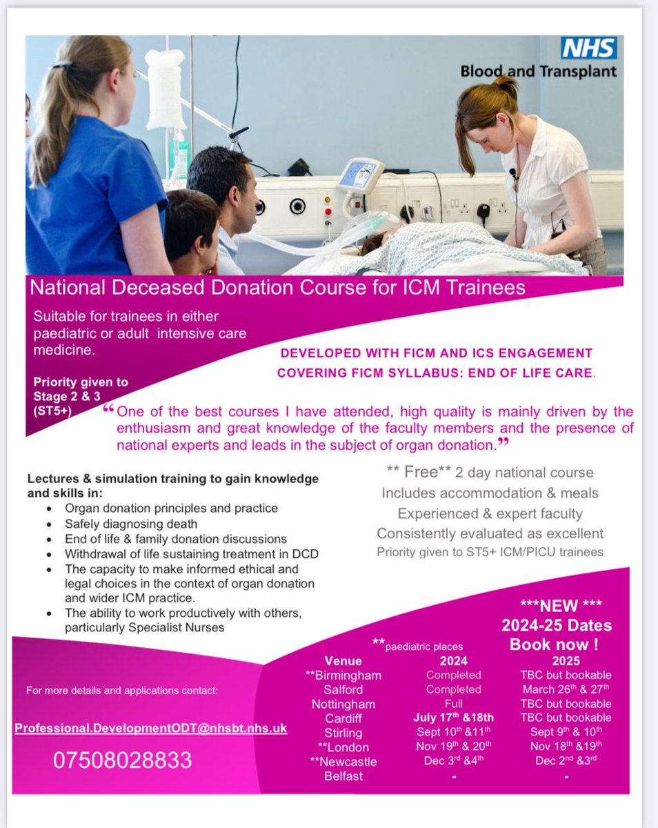 ***NEW Dates released*** for 2024/2025 NHSBT’s National Deceased Donation Course for ICM & PICM trainees more info and applications here odt.nhs.uk/deceased-donat…