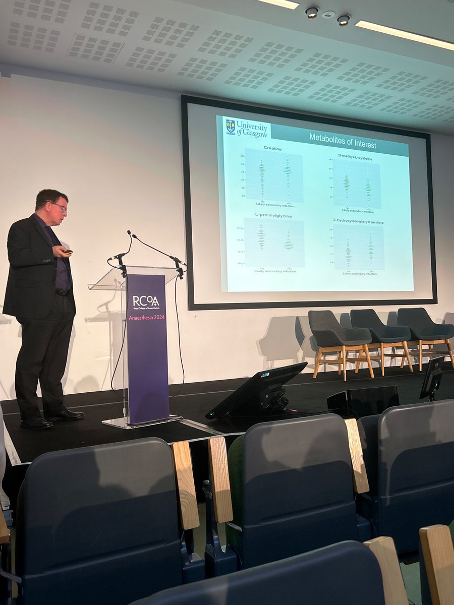 @ProfMalcolmSim discusses #metabolomics and secondary infections in Covid 19. 4 metabolites identified as markers associated with secondary infection. @RCoANews #Anaesthesia2024