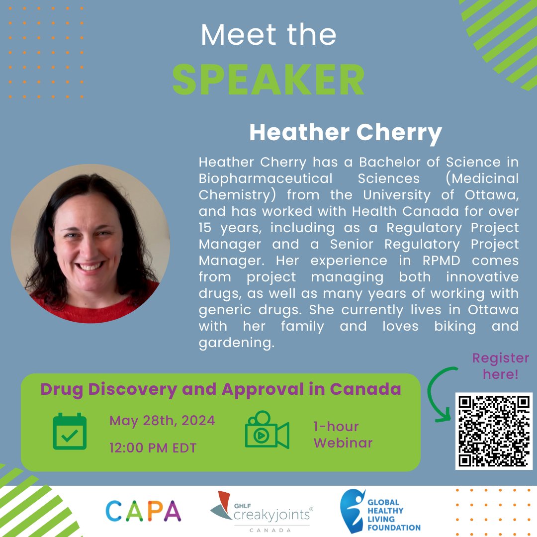 Join us & @CAPA_Arthritis to learn how new treatments get approved in Canada to give patients access to innovative treatments in a 1hr webinar w/ Heather Cherry at Health Canada ! Tuesday, May 28th at 12pm ET. #innovation #patientadvocacy Register here: us02web.zoom.us/meeting/regist…