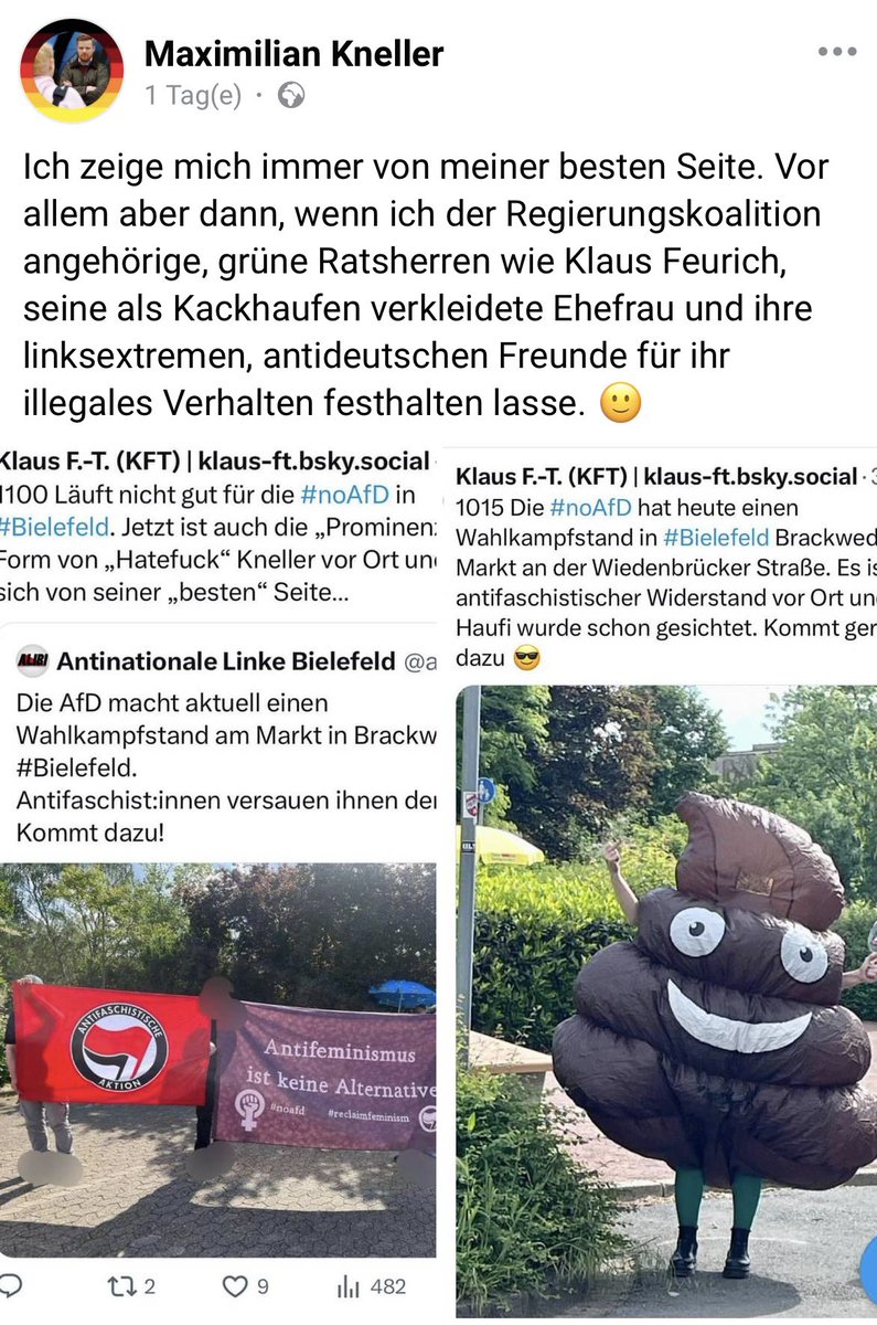 Das #Mimimi ist groß in unseren toitschen Maximilian „Hatefuck“ Kneller von der #noAfD in #Bielefeld. Mag jemand Taschentücher reichen?! Derweil überlege ich noch, wer da wen wann wo festgehalten hat. Das freundliche Gespräch mit der Polizei kann er nicht meinen, da war nichts 🤷🏽‍♂️