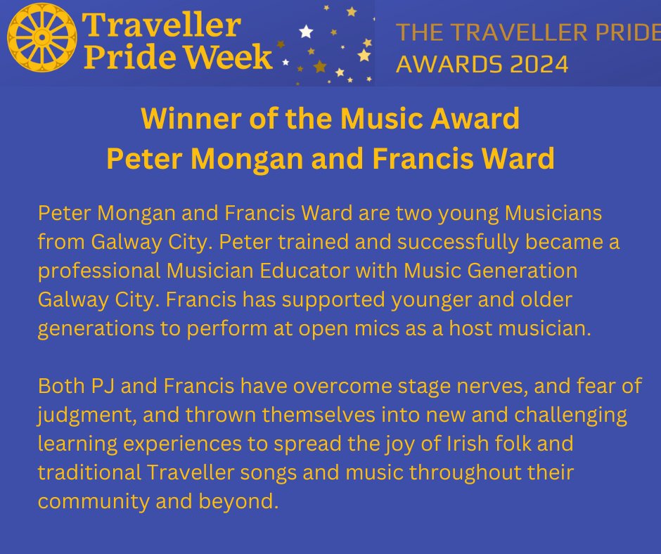 The winners of the Traveller Pride Award for music 2024 are PJ Mongan and Francis Ward ! Congratulations lads !! 🥳🥳