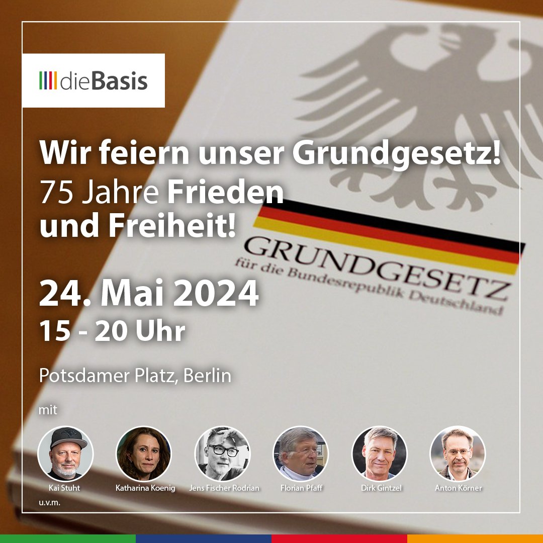 dieBasis feiert das Grundgesetz. Und: quo vadis Europäische Union? PRESSEMITTEILUNG Berlin, 22. Mai 2024. Mit gleich zwei Veranstaltungen melden sich die Veranstalter Hilmar Marsula und Artur Helios zurück in Berlin. Unter dem Motto „Wir feiern unser Grundgesetz – 75 Jahre